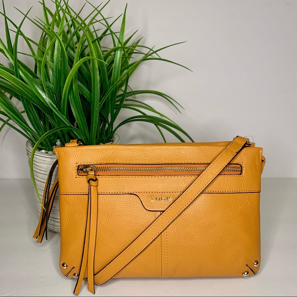 Lodis Mustard Yellow Pebble Leather Travelers Crossbody